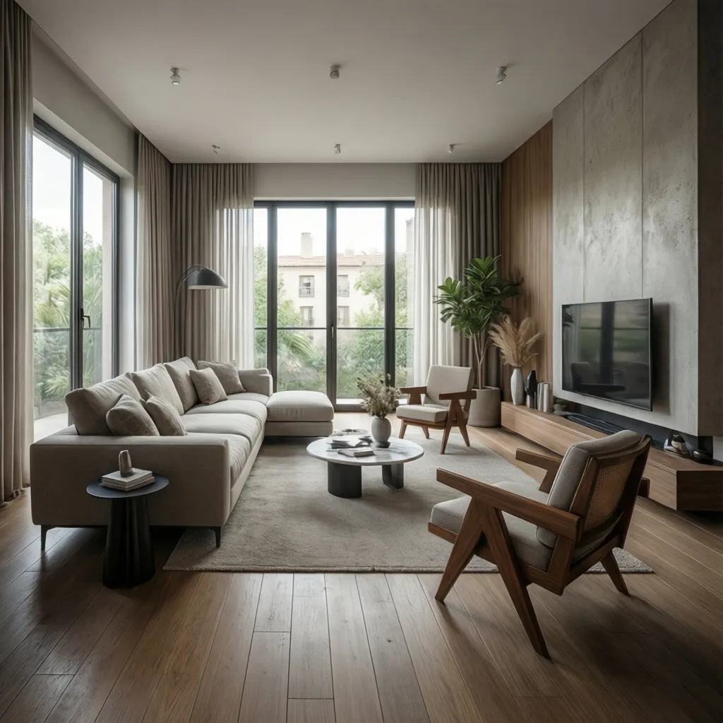Modern living room featuring grey sofa wooden chairs coffee table wall panel and large windows