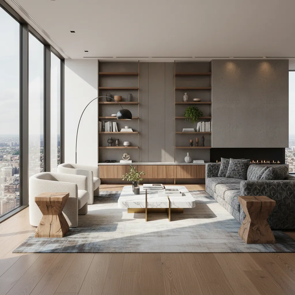 Render realista de un salón diseñado con muebles personalizados