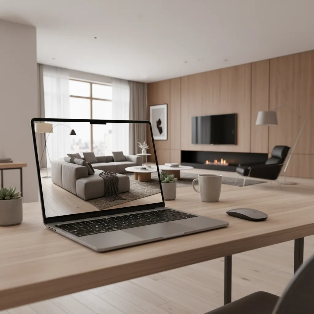 Render realista de interior mostrado en portátil de alto rendimiento