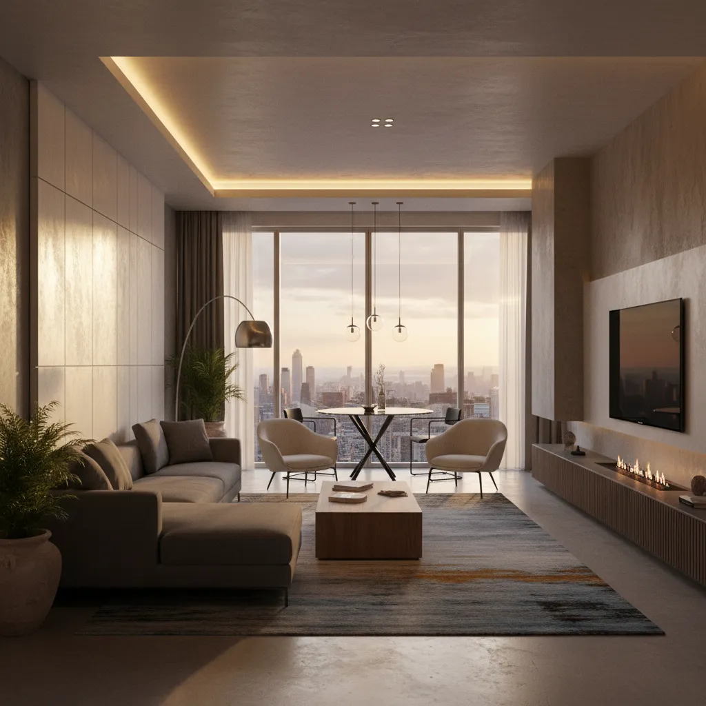 Modern living room with grey sofa wooden coffee table rug and large windows showing city sunset