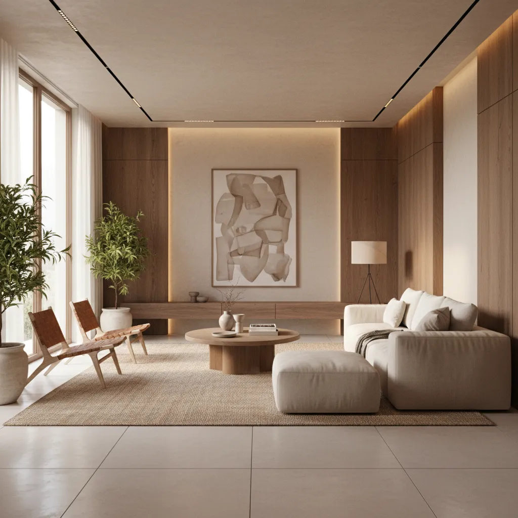 Minimalist living room with beige sofa, wood coffee table, large plant, and abstract wall art