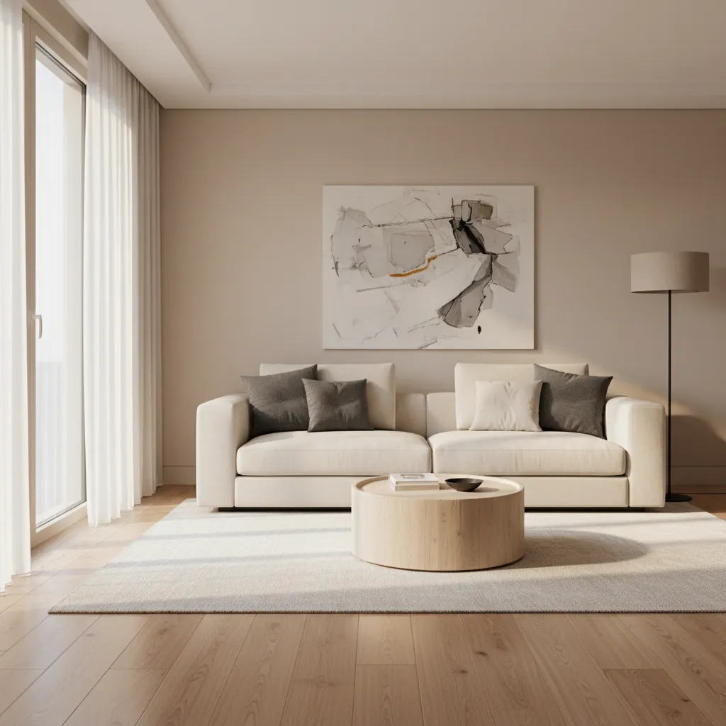 Render 3D realista de sala moderna con iluminación natural