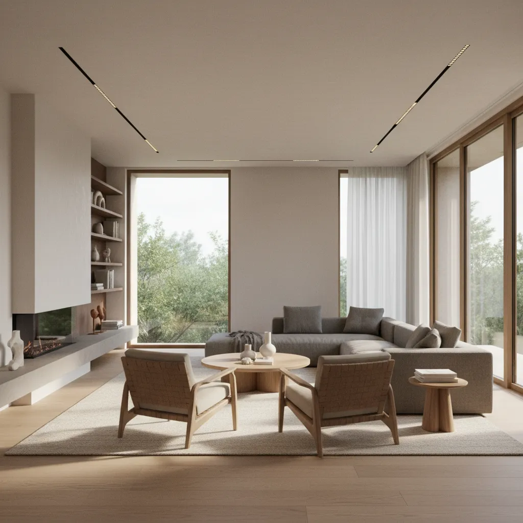 Render realista de un salón moderno generado con software de diseño