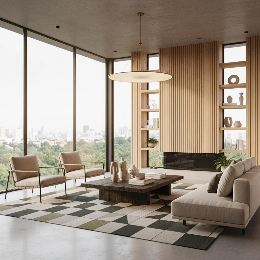 Render hiperrealista de salón moderno diseñado por interiorista