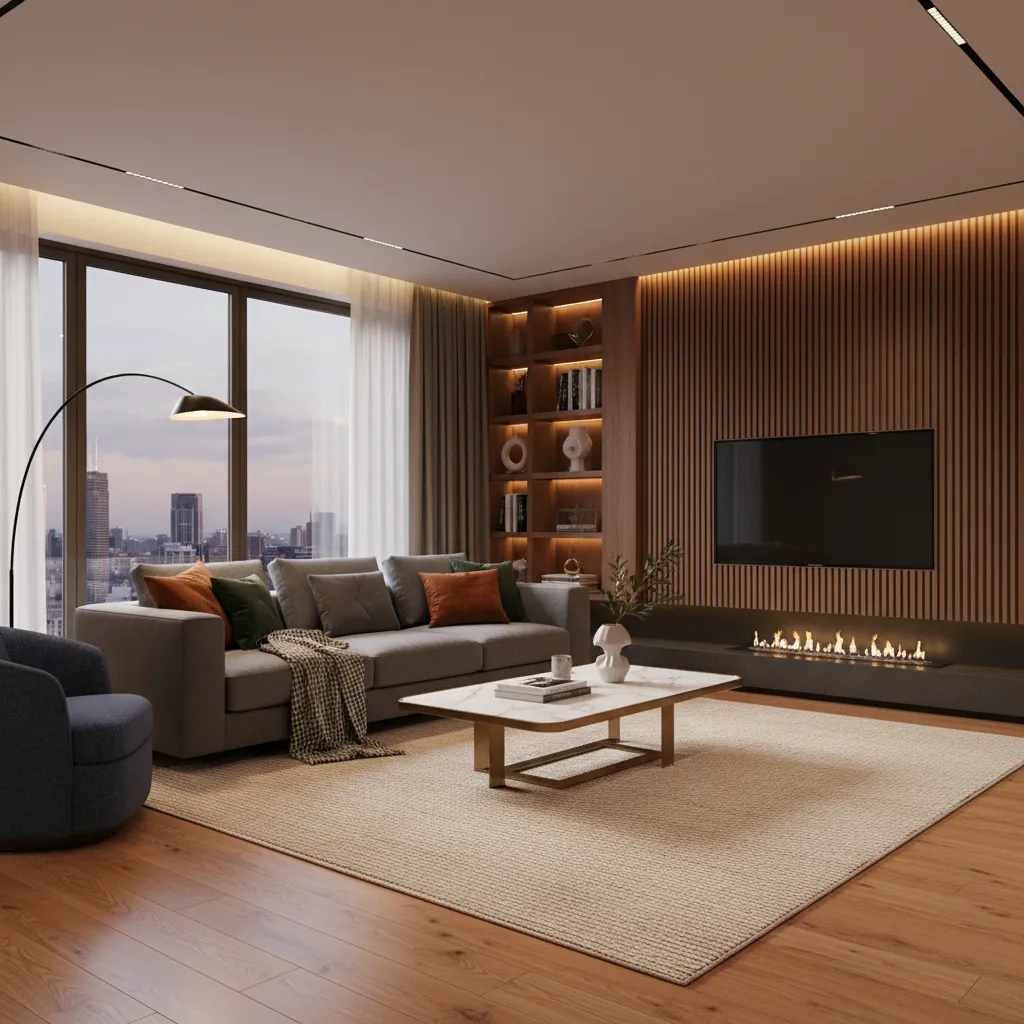 Render final de interior moderno con materiales y luz realista