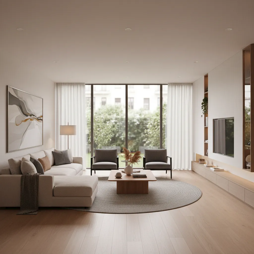 Render realista de un salón moderno diseñado por un interiorista