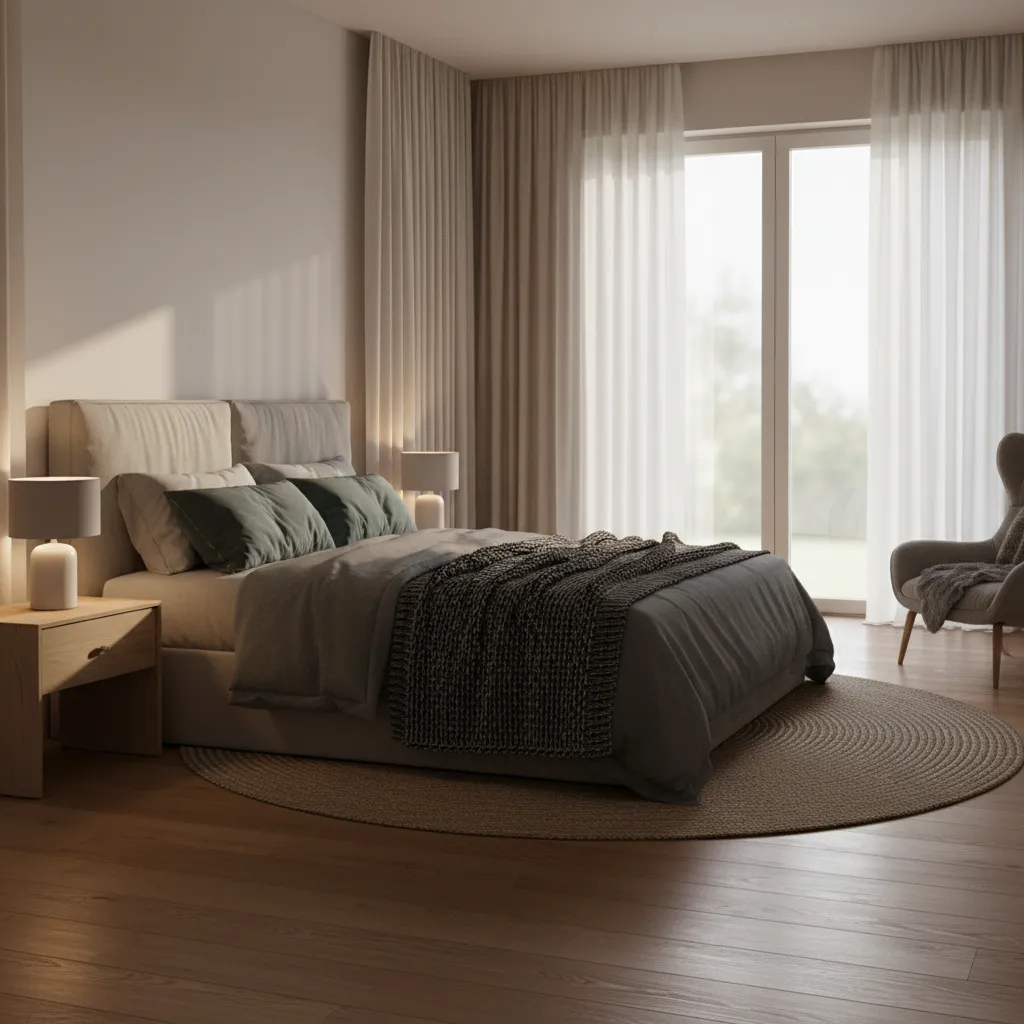 Render profesional de dormitorio moderno con materiales realistas