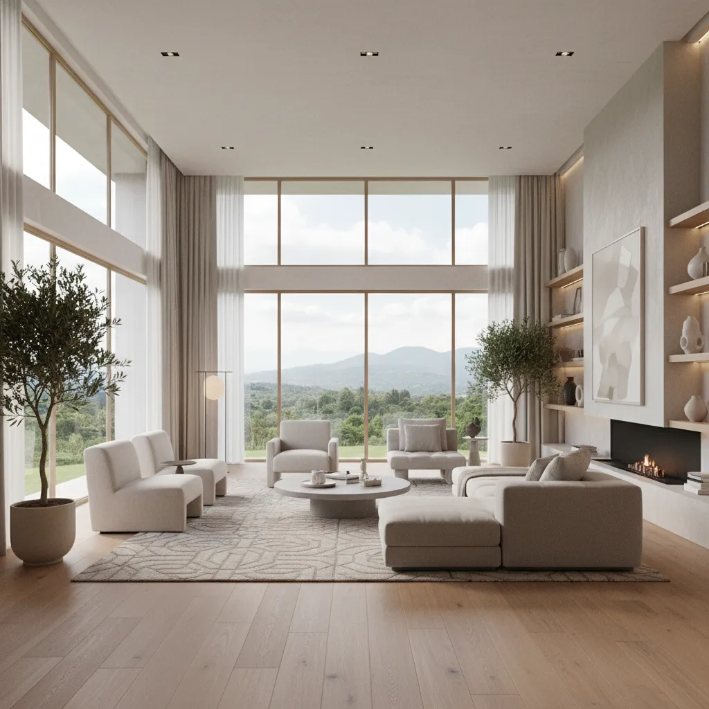 Render hiperrealista de un salón contemporáneo con iluminación natural