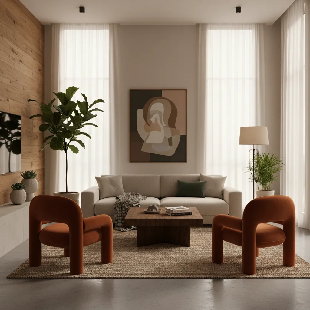 Modern living room with beige sofa, two orange chairs, wood wall panel, and large windows