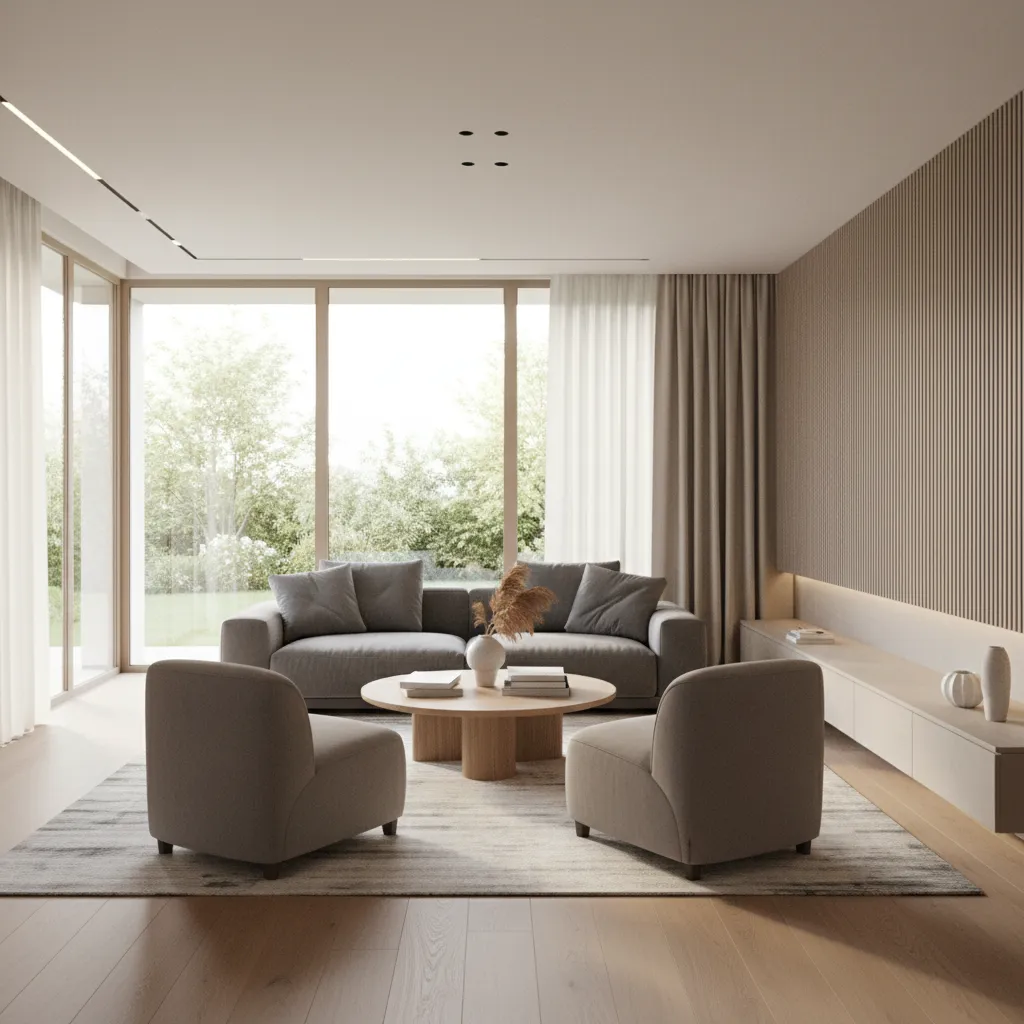 Render realista de un salón moderno diseñado por un estudiante de interiorismo