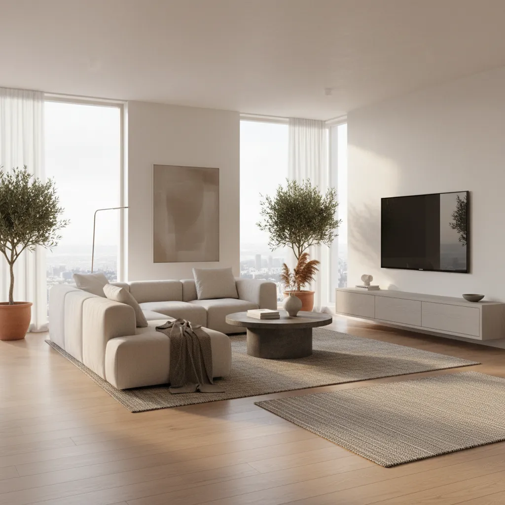 render realista de sala de estar moderna con iluminación natural