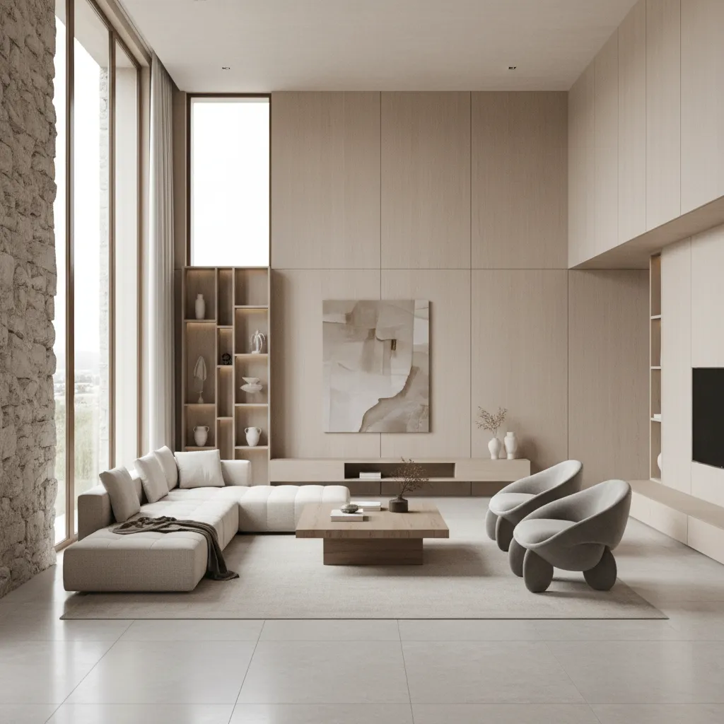 Modern minimalist living room with beige sofa, grey chairs, wood coffee table, and large windows