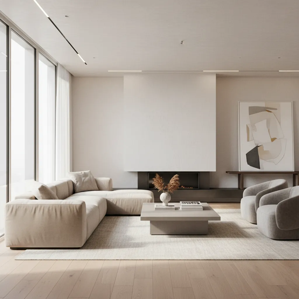 Minimalist living room with beige sofa grey armchairs square coffee table fireplace and wood floor