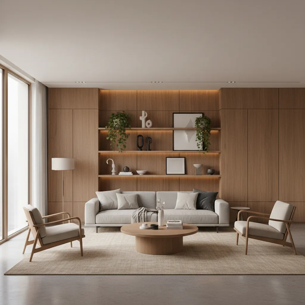 Modern living room with wood wall panel grey sofa two armchairs and round coffee table
