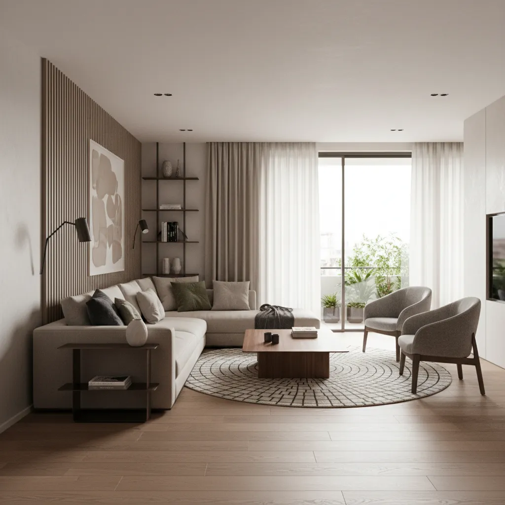 Modern living room with grey sofa, wood wall panel, round rug, two chairs, and curtains