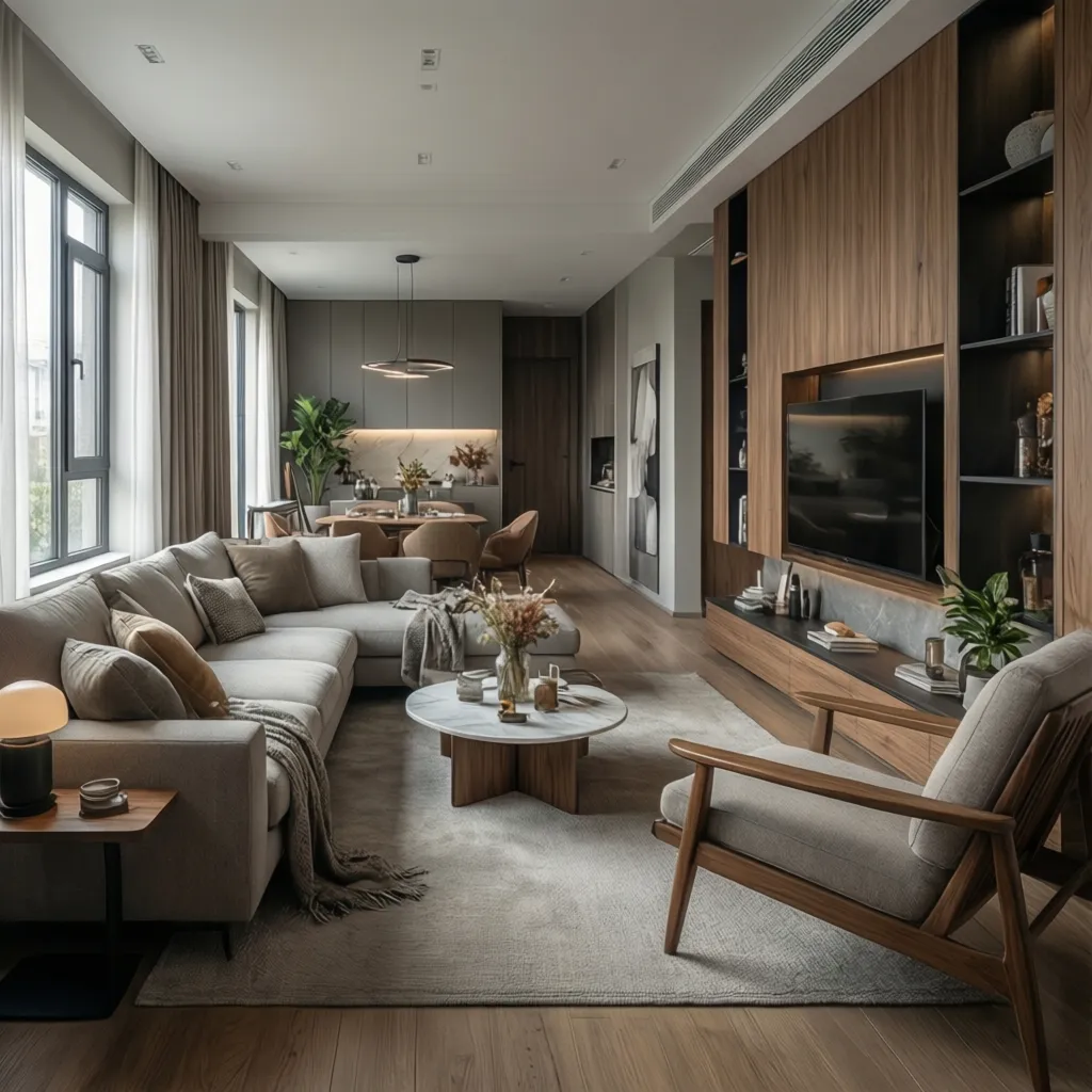 Modern living room interior design drawing with grey sofa, wood wall cabinet, TV, and rug