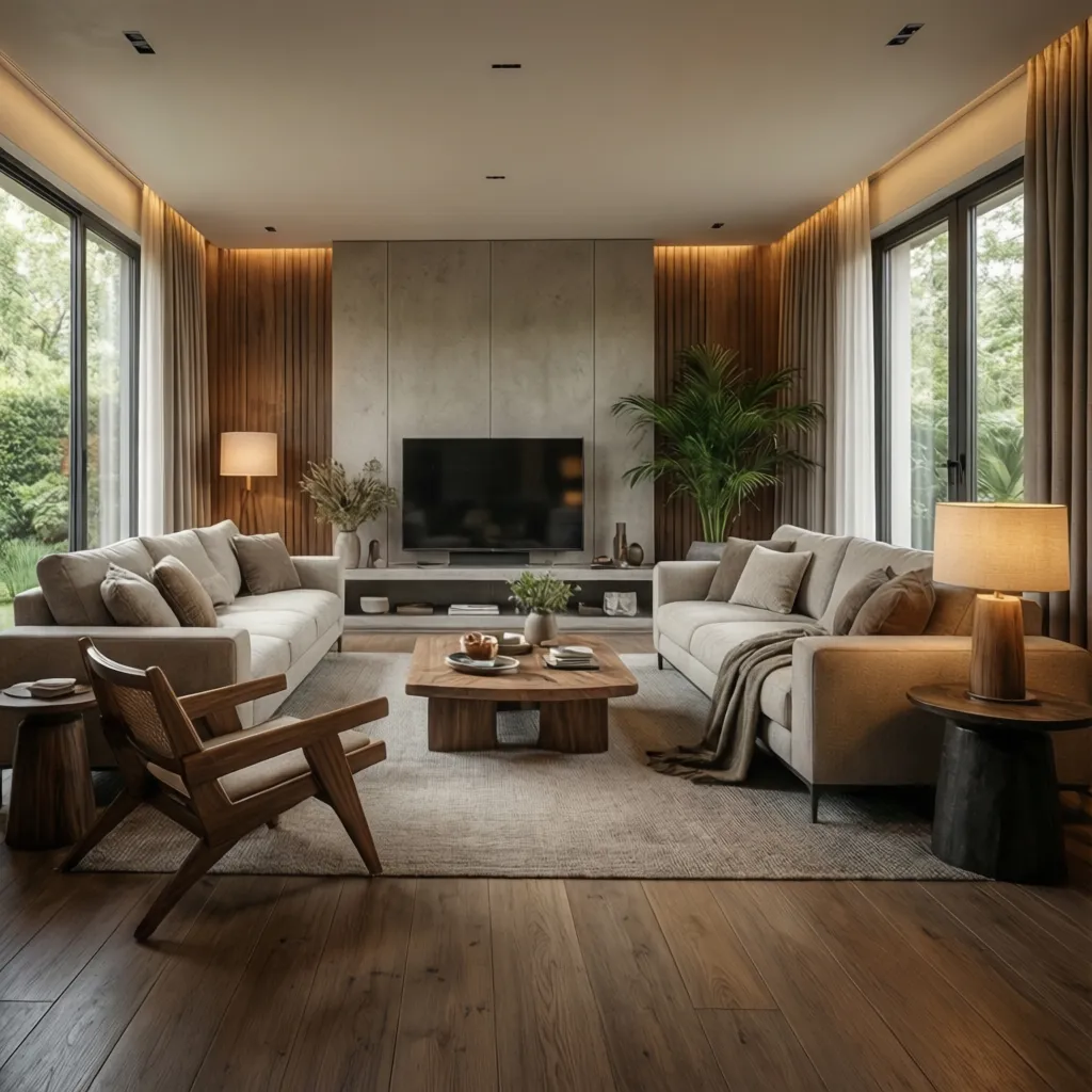 Modern living room with grey sofas wooden coffee table wall panels and large glass windows