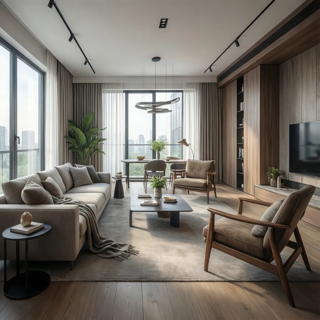 Bright living room with beige sofa wood floor wall mounted television two brown chairs light