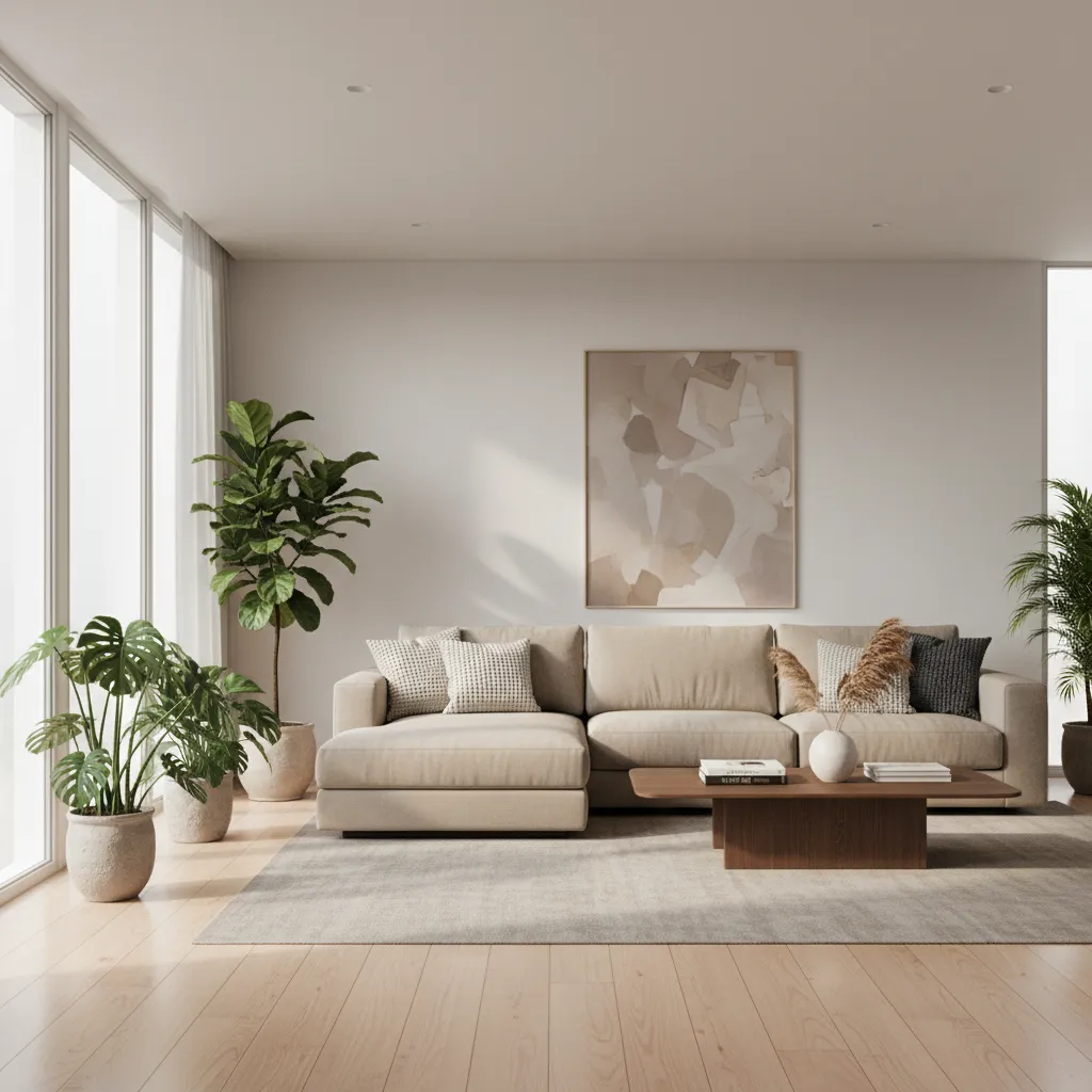 Render realista de un salón moderno generado por software de diseño