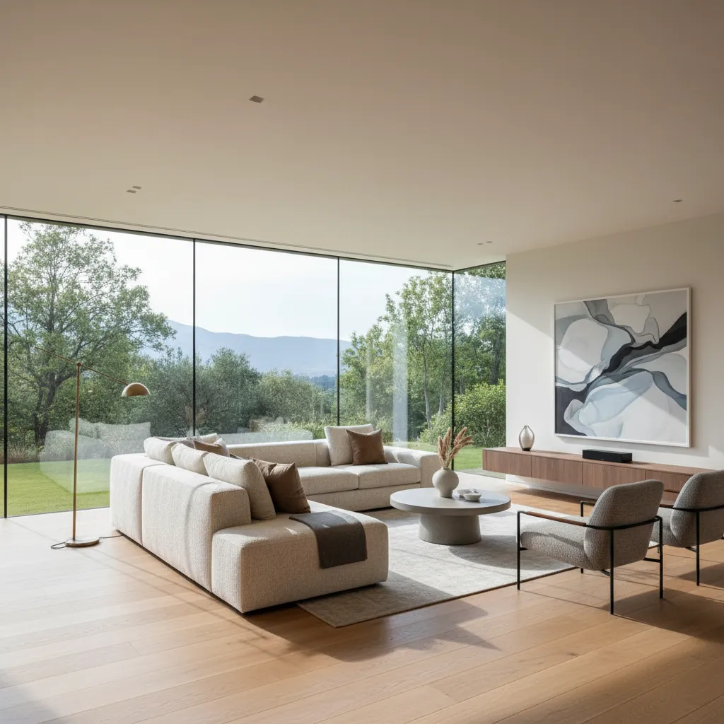 Modern living room with white sofa grey chairs wooden floor large windows and wall art