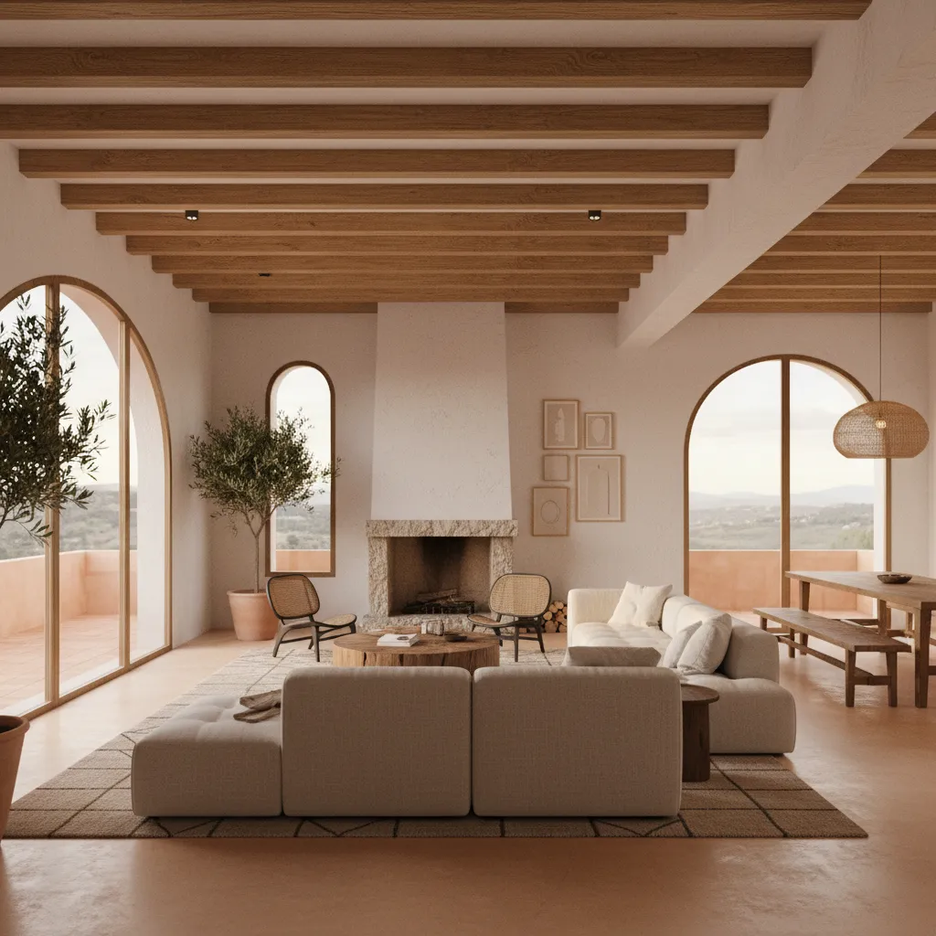 Mediterranean living room with wooden ceiling beams, white sofa, stone fireplace, and large arched windows