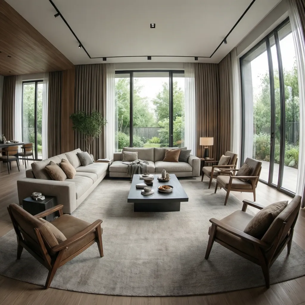 Modern living room with neutral sofa, wooden chairs, large windows, long curtains, and black table