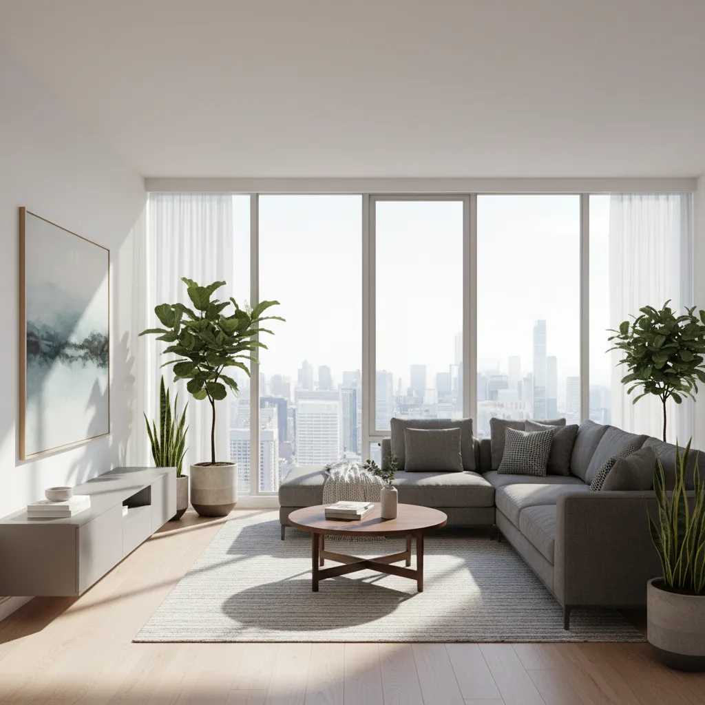 Bright living room with grey sofa wooden coffee table large windows and city view plants