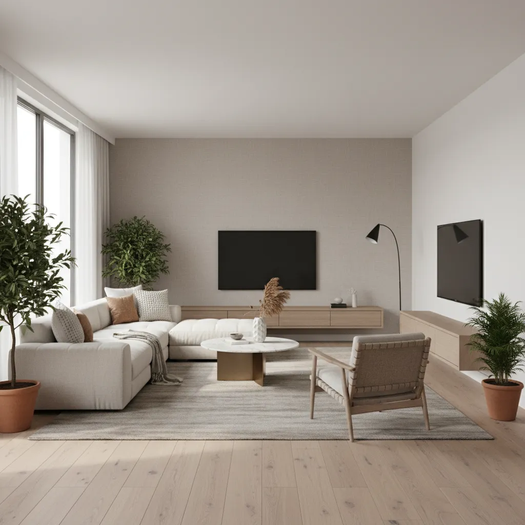 Modern living room with white sofa wooden coffee table potted plants and television on wall