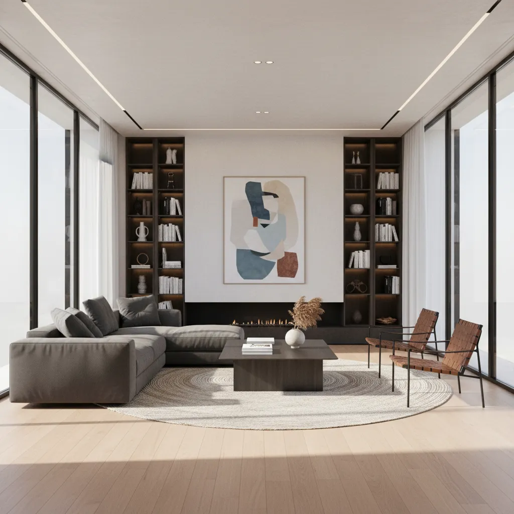 Render realista de un salón generado con software de diseño interior