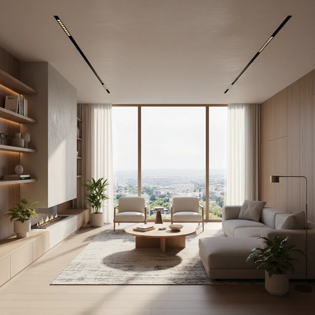 Render 3D realista de un salón moderno con iluminación natural