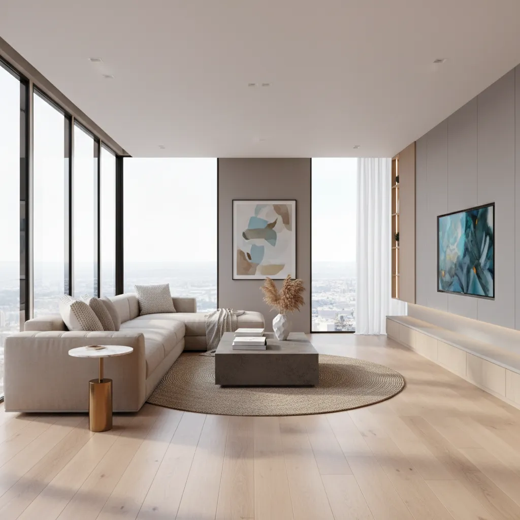 Modern living room with beige sofa grey coffee table wooden floor large windows and TV