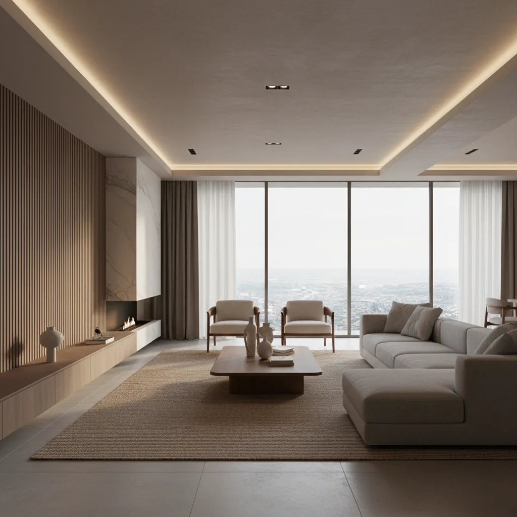 Render realista de un salón moderno antes de la ejecución del proyecto