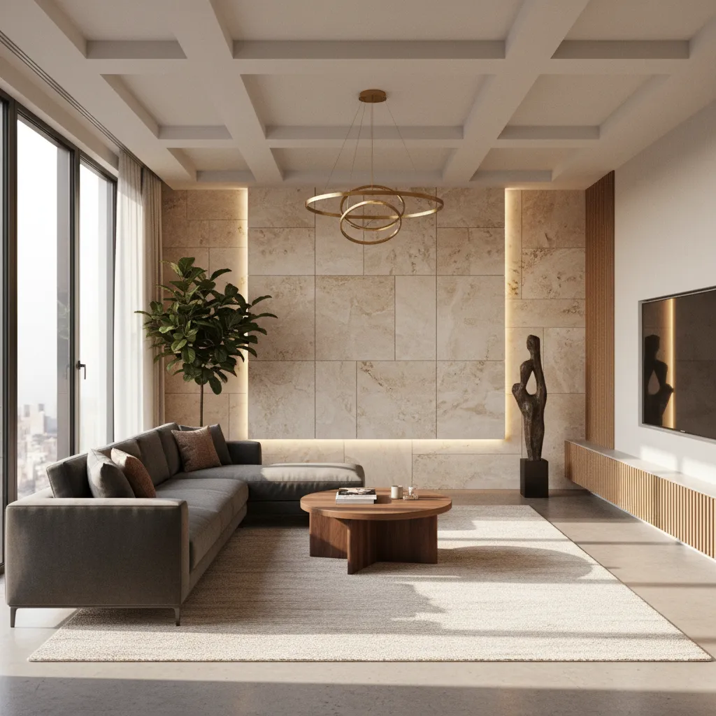 Modern living room interior design drawing with grey sofa wooden coffee table gold ceiling light