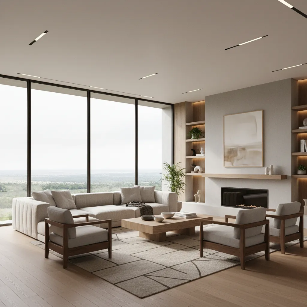 Render 3D realista de un salón moderno diseñado por un estudiante de interiorismo