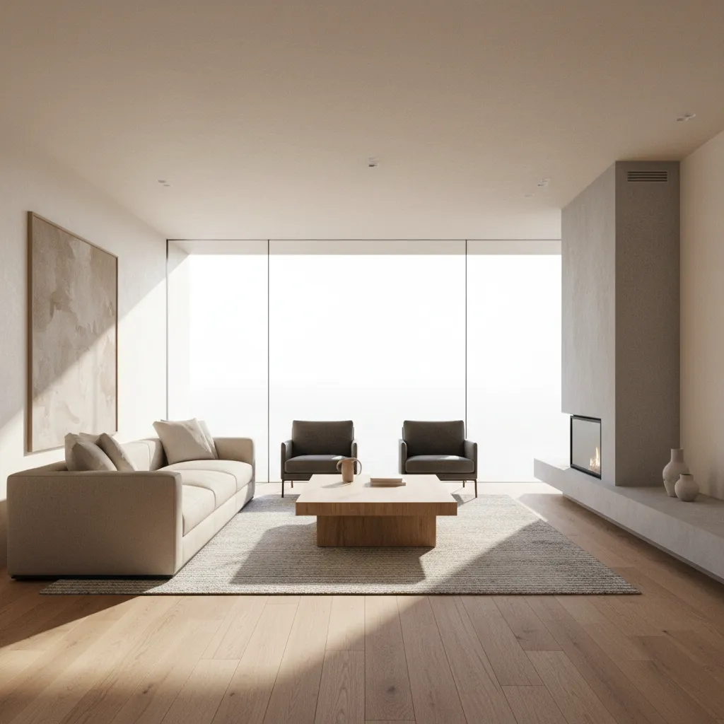 render realista de un salón moderno generado con software de diseño interior