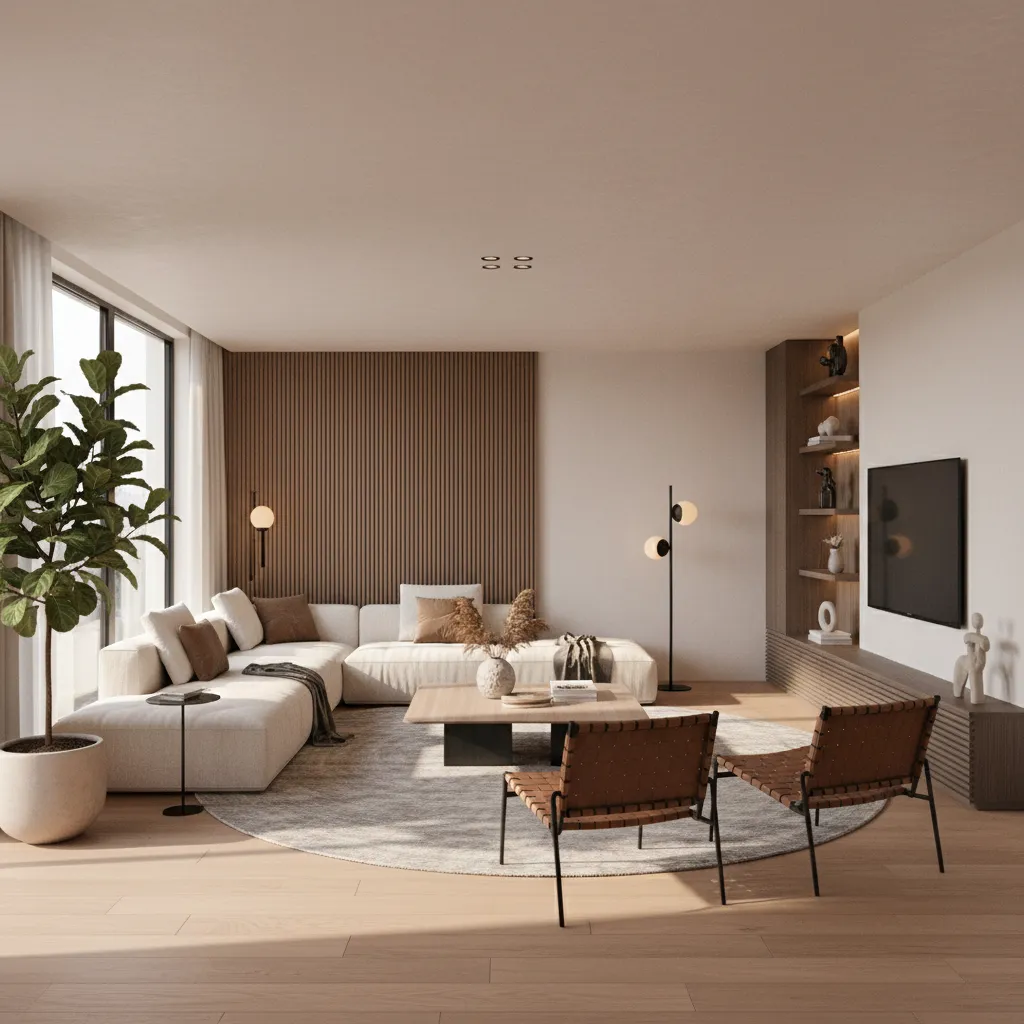 Render realista de salón moderno diseñado digitalmente