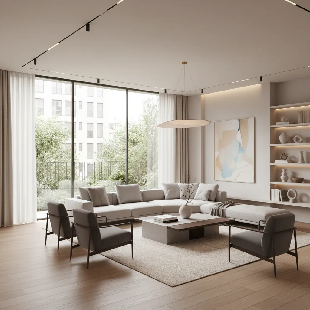 Modern living room featuring grey sectional sofa armchairs wood floor large windows and ceiling light