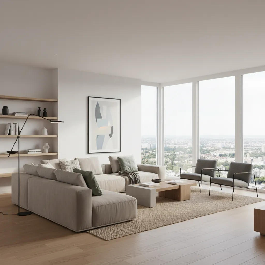 Render hiperrealista de un salón moderno creado con software de diseño