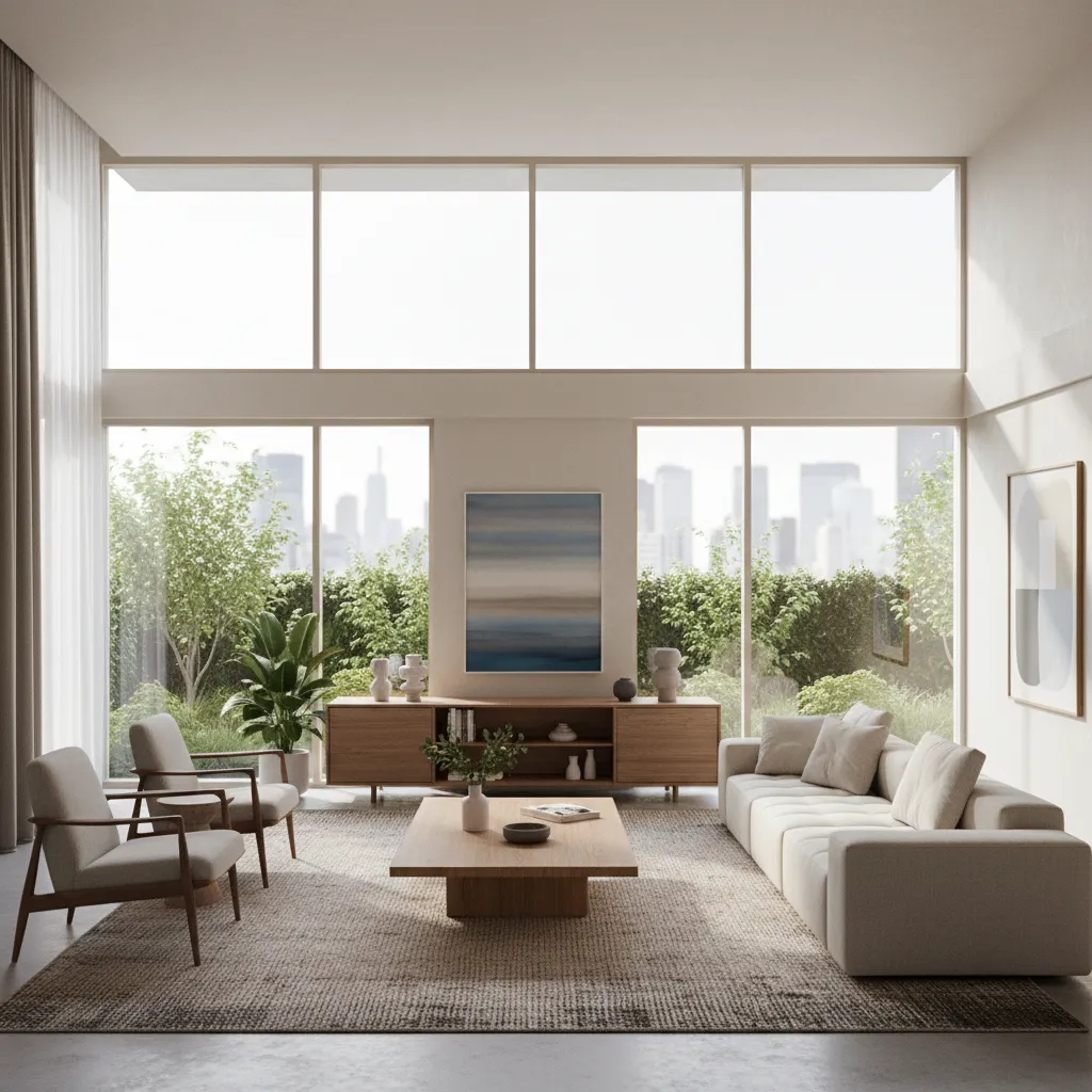 Render realista de una sala moderna con iluminación natural