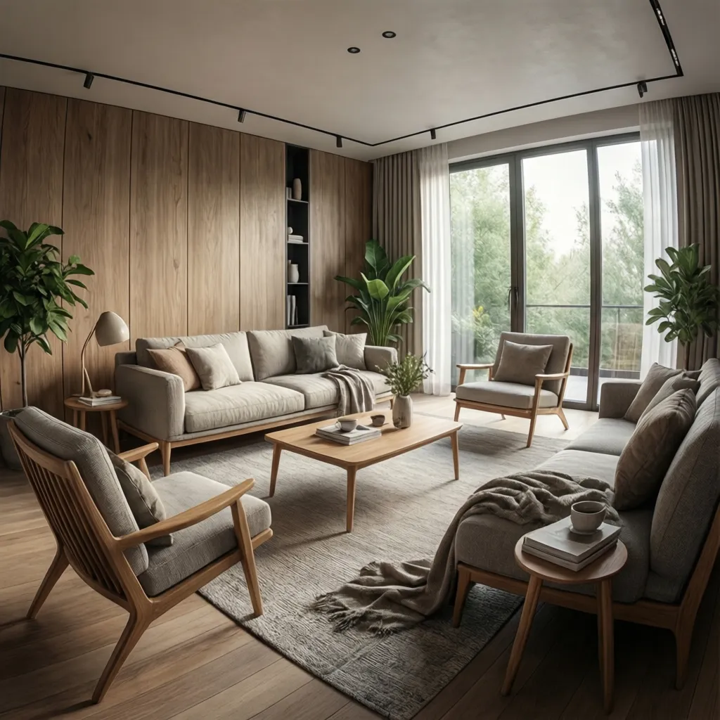 Modern living room with wood wall panel grey sofa wooden coffee table armchairs and plants