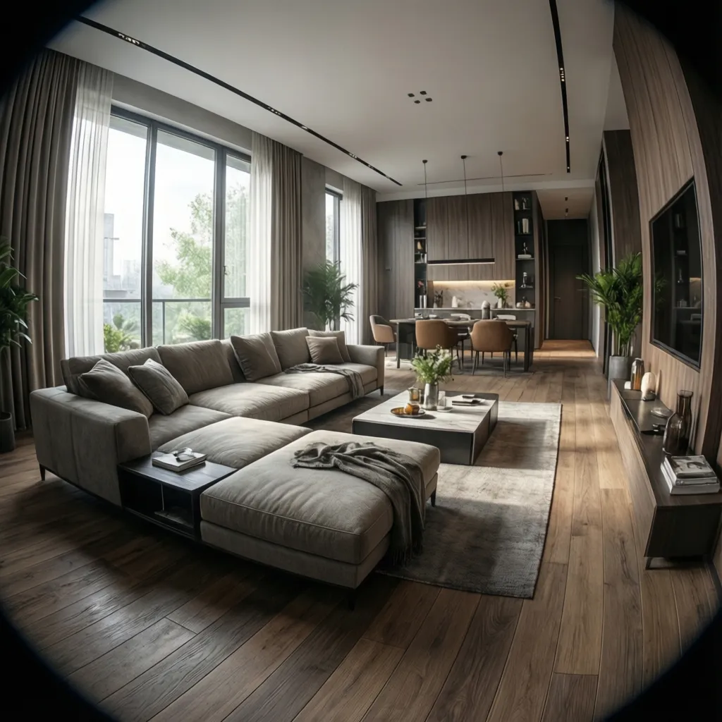 Render 3D realista de un salón moderno