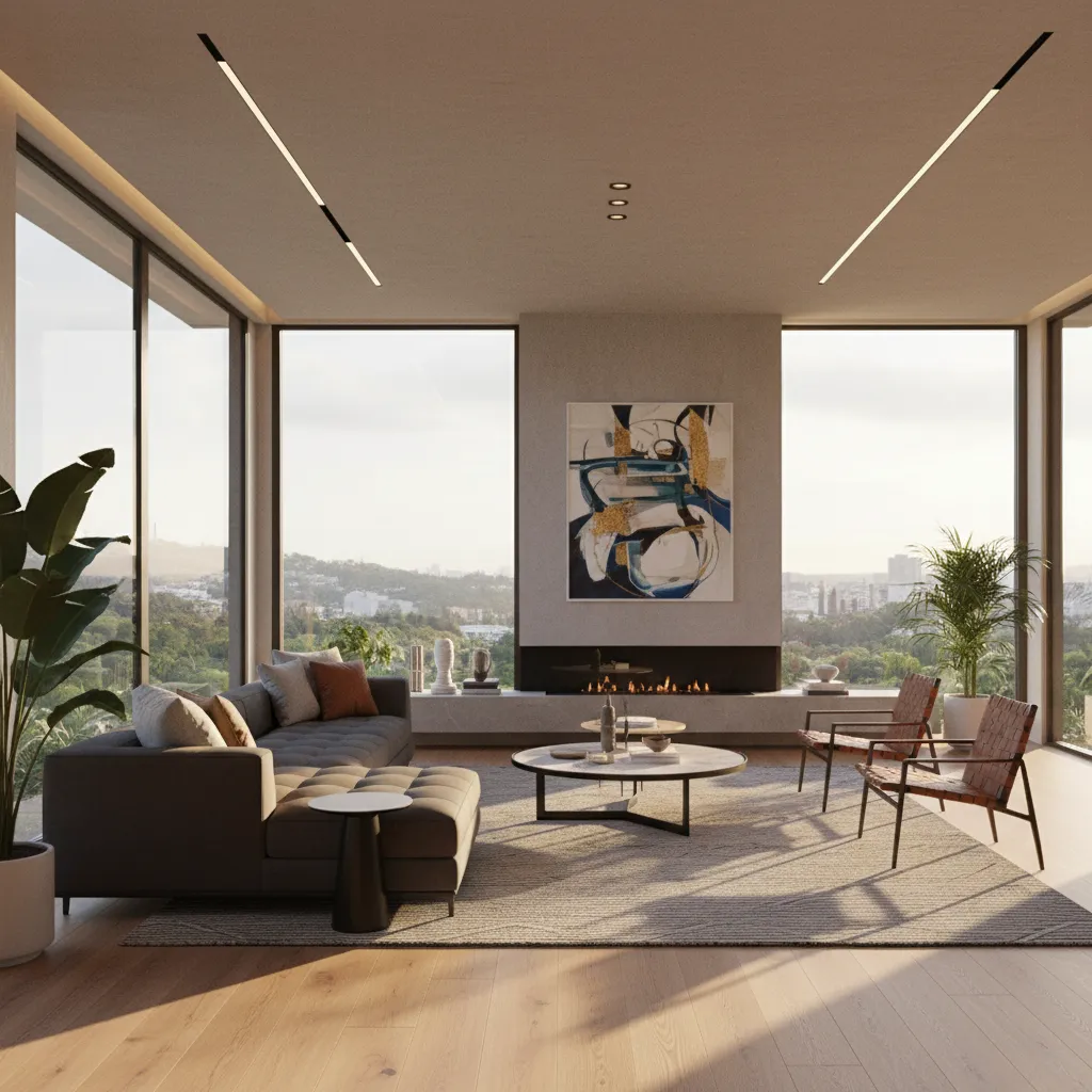 Render realista de un salón moderno generado con software de diseño