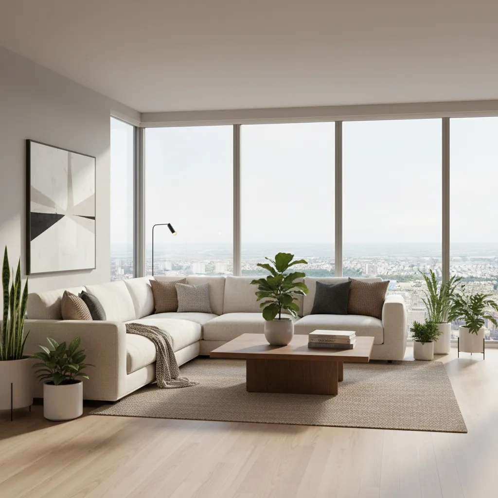 Render 3D realista de una sala moderna generado digitalmente