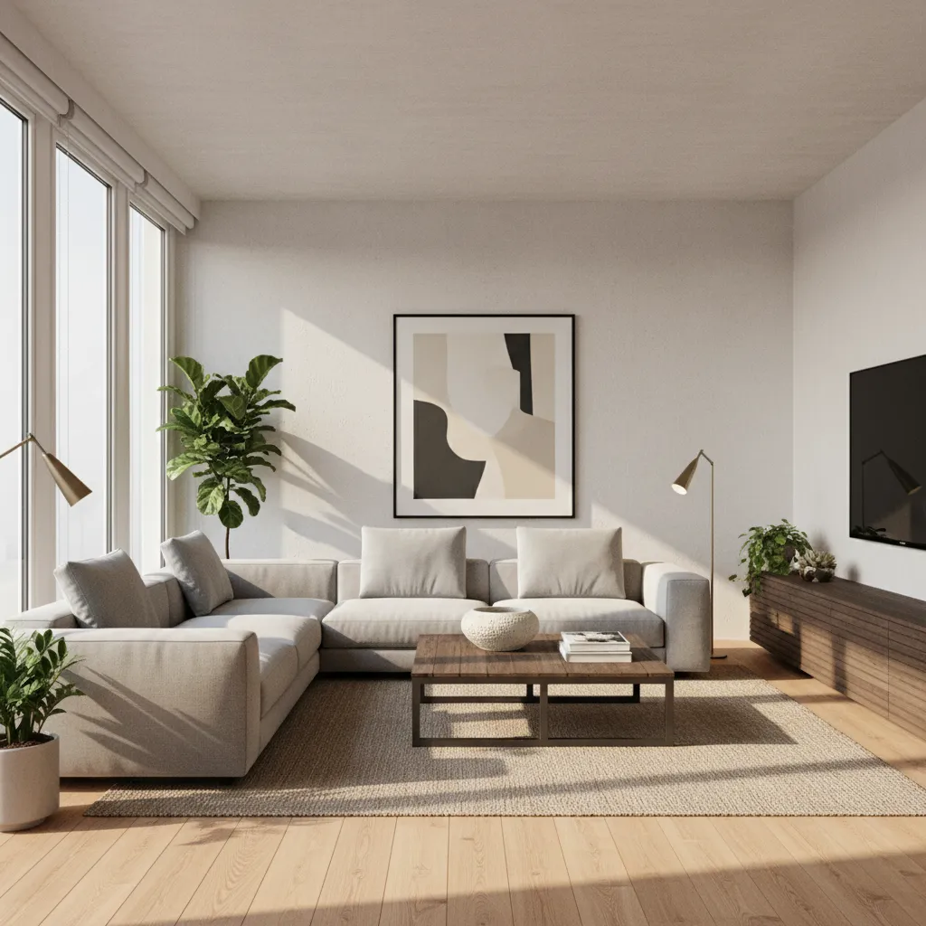 Renderizado realista de salón moderno con iluminación natural