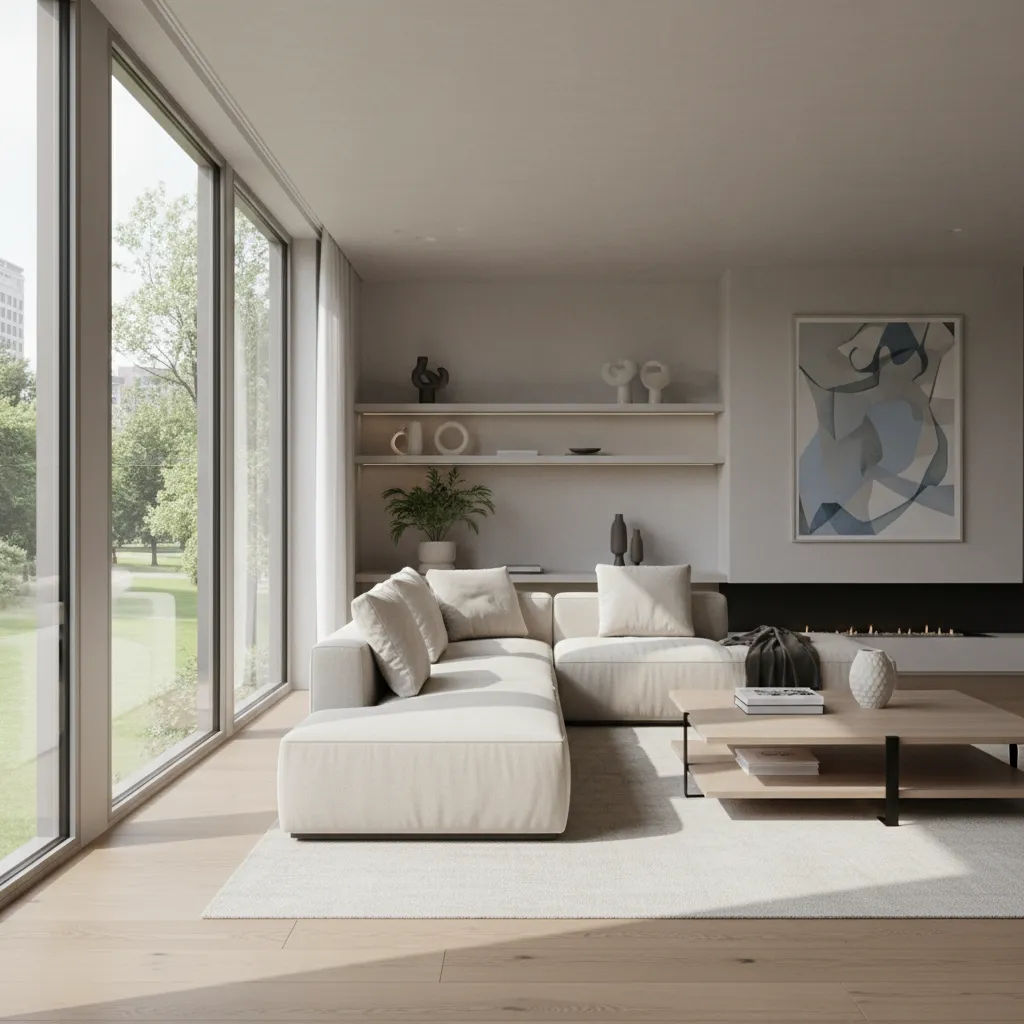 Modern living room with cream sofa wooden coffee table large windows wall art and sunlight