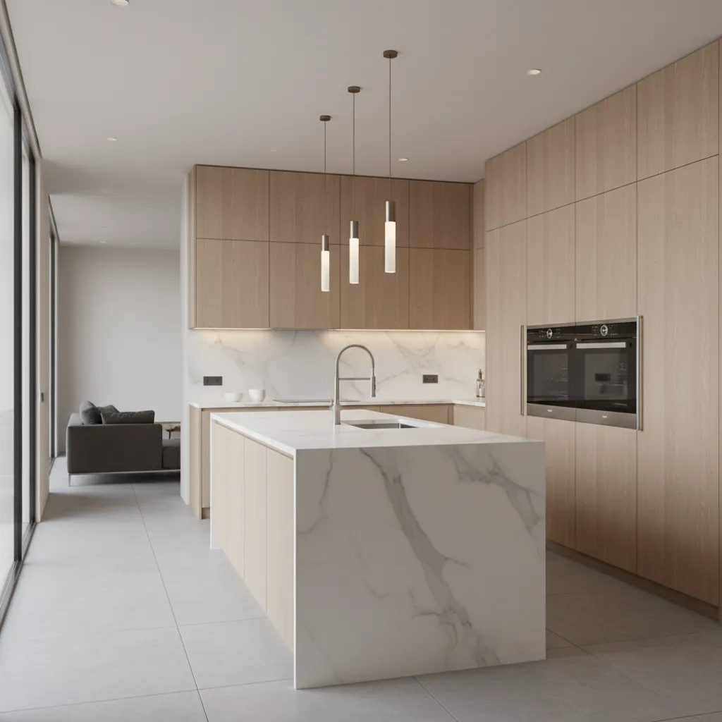 Modern kitchen with white marble island wood cabinets three hanging ceiling lights and two ovens
