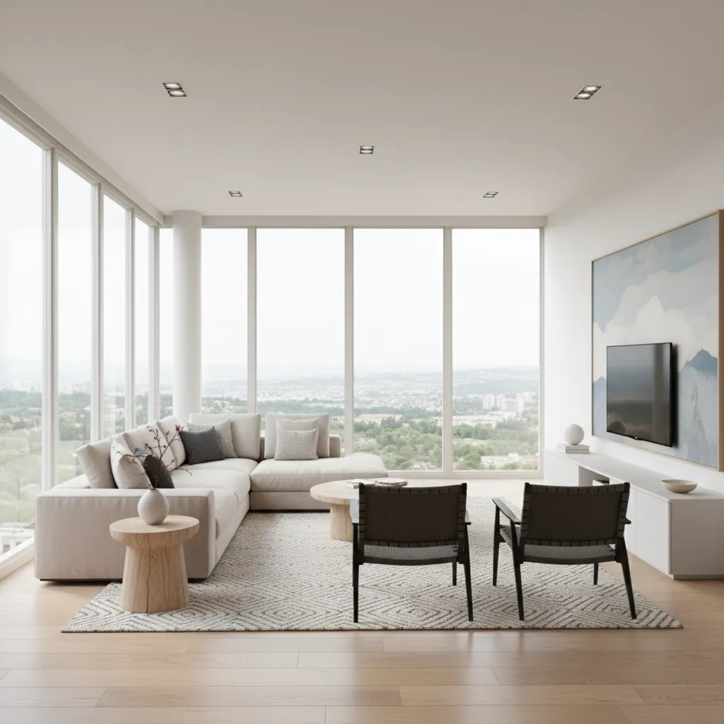 Render realista de un salón moderno con iluminación natural y materiales detallados