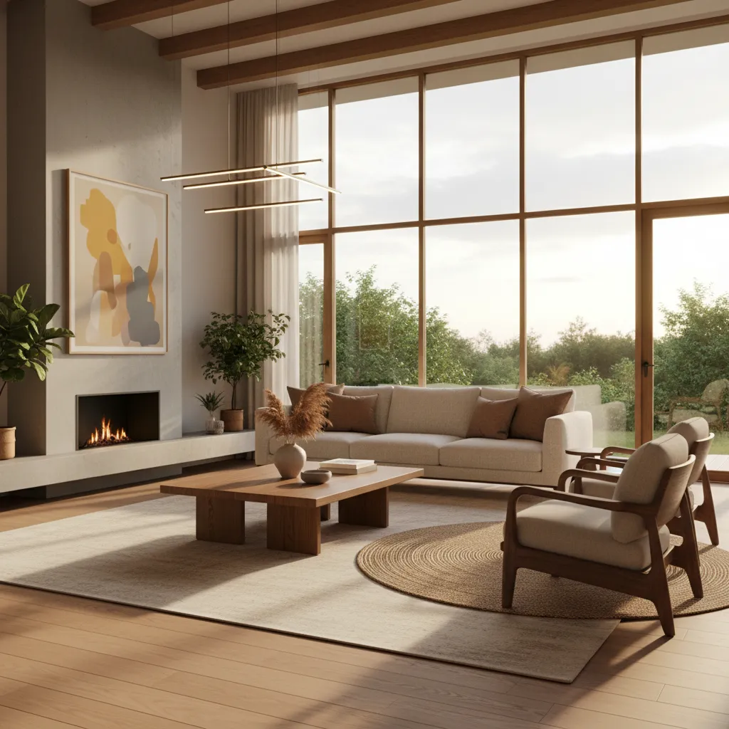 Render realista de un salón moderno diseñado digitalmente