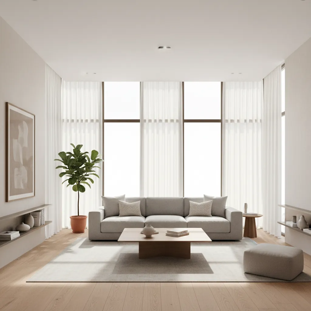 Render fotorrealista de salón moderno con iluminación natural
