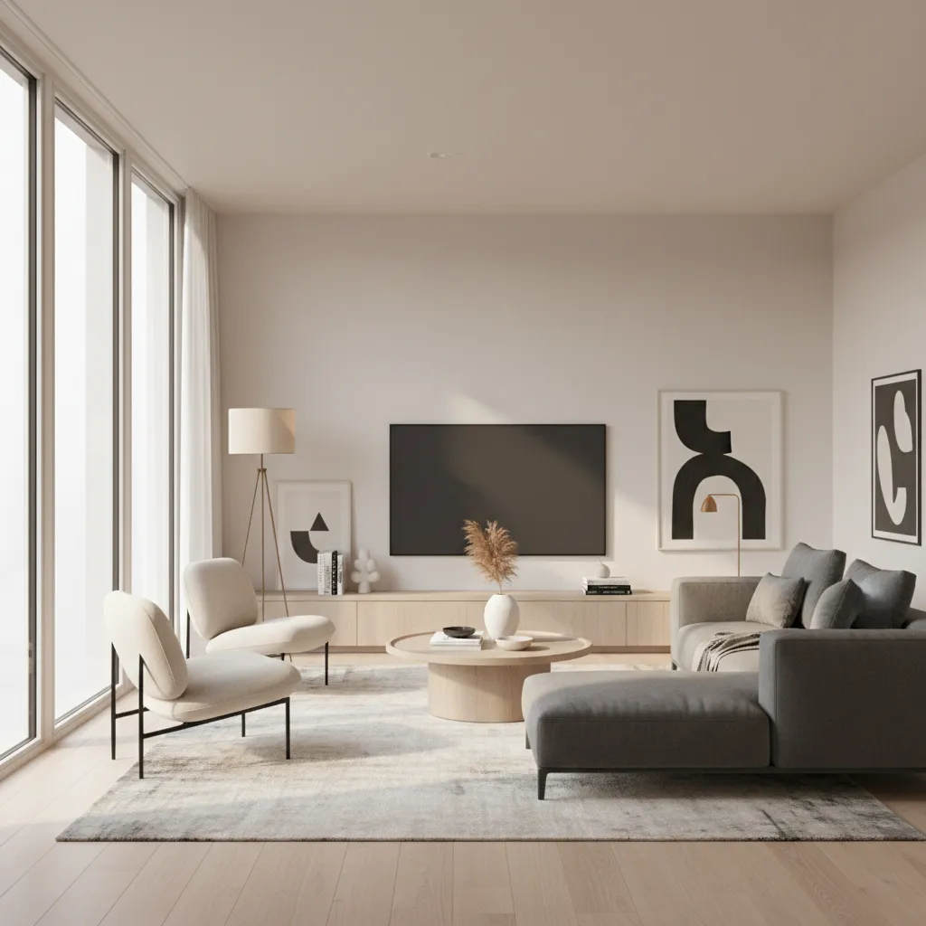 Modern living room with grey sofa, two white chairs, rug, television, and large floor windows